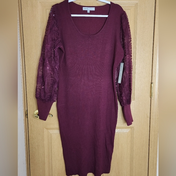 Lace Sleeve Ribbed Midi Dress Size XL - Wine Fall / winter plus size - Picture 10 of 16